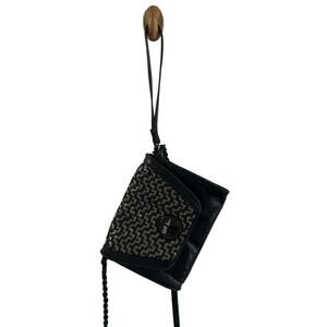 Elliott Lucca Womens Woven Black Gold Flap Crossbody Wristlet Bag Turn Lock